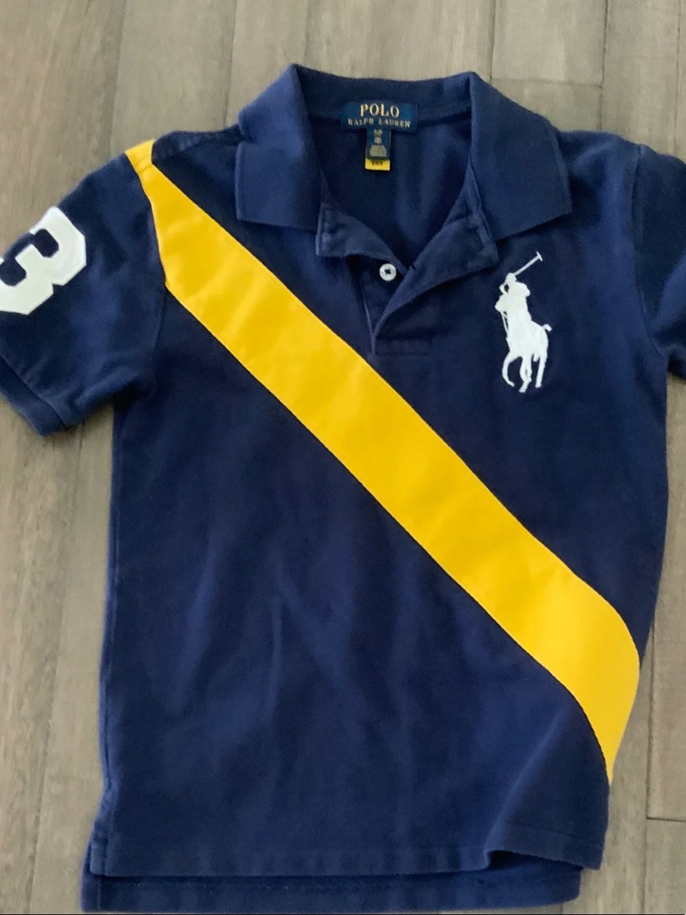 Polo by Ralph Lauren Navy Polo with Bold Yellow Diagonal Stripe